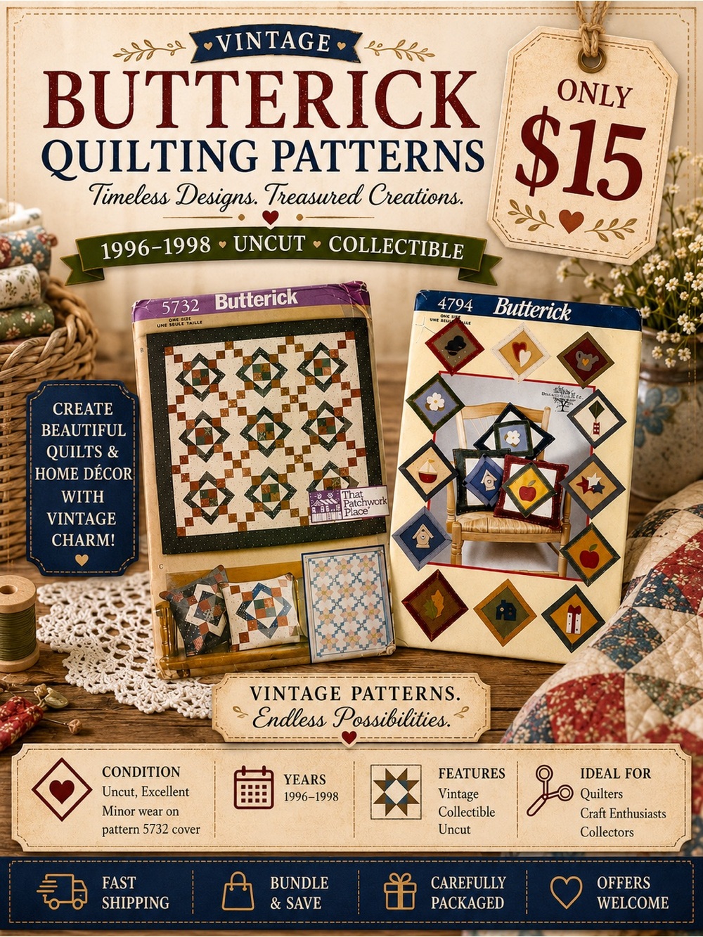 Butterick Vintage Quilting Patterns 1996-1998 Uncut Collectible